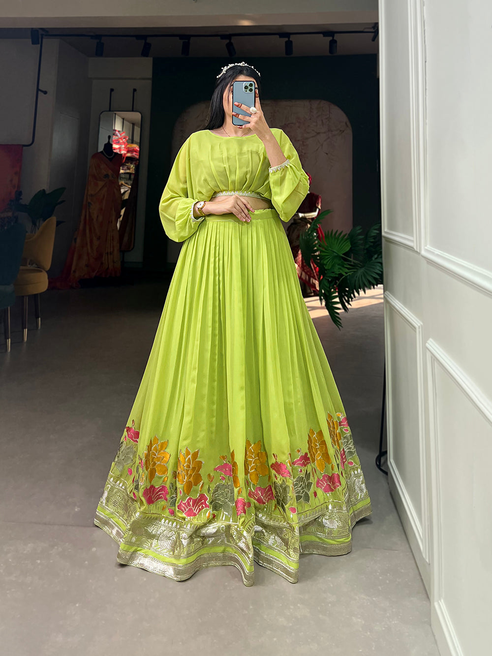 Parrot Color Sequins And Thread Embroidery Work Georgette Lehenga Choli