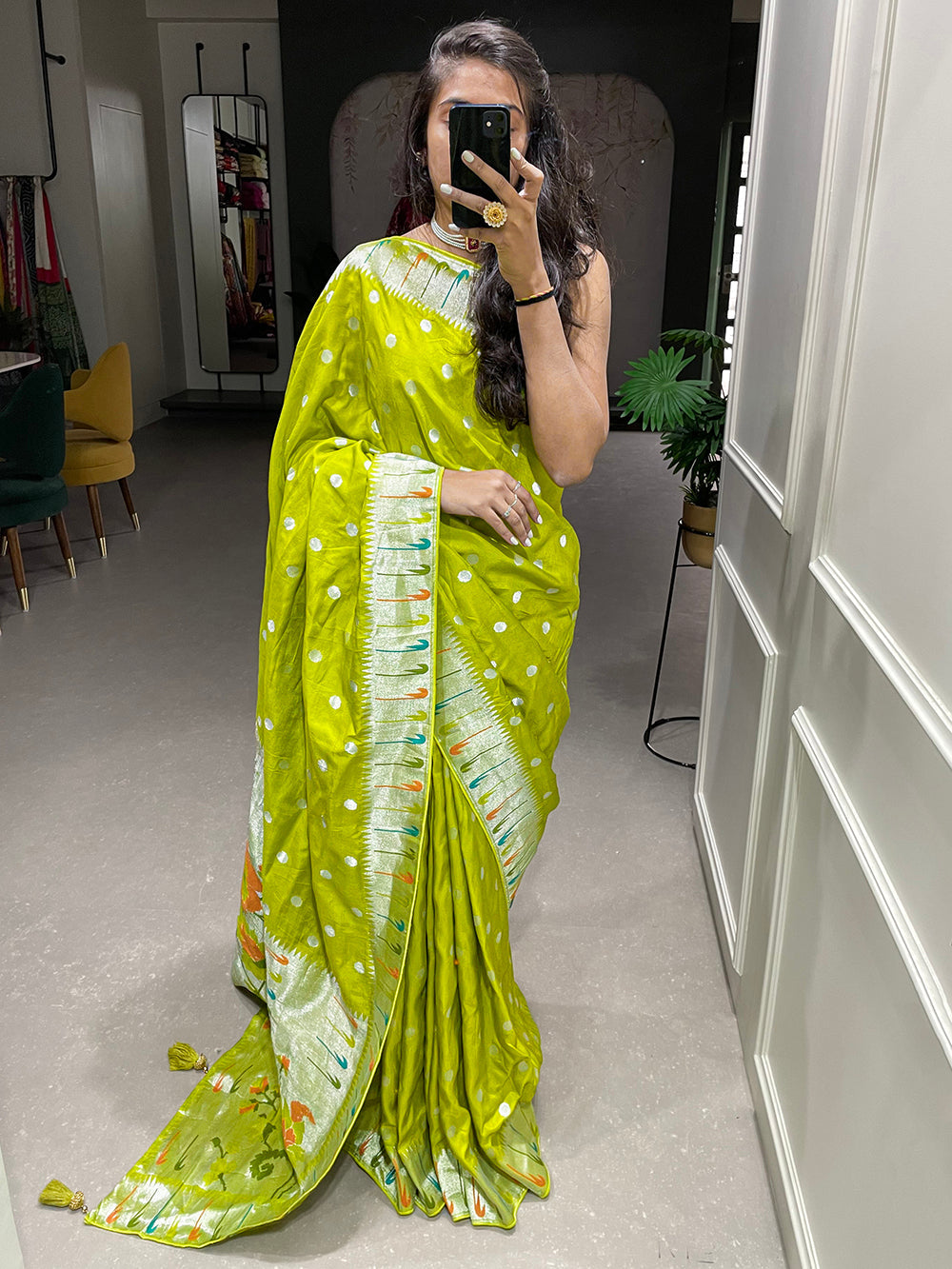 Parrot Color Zari Weaving Work Pure Viscose Saree