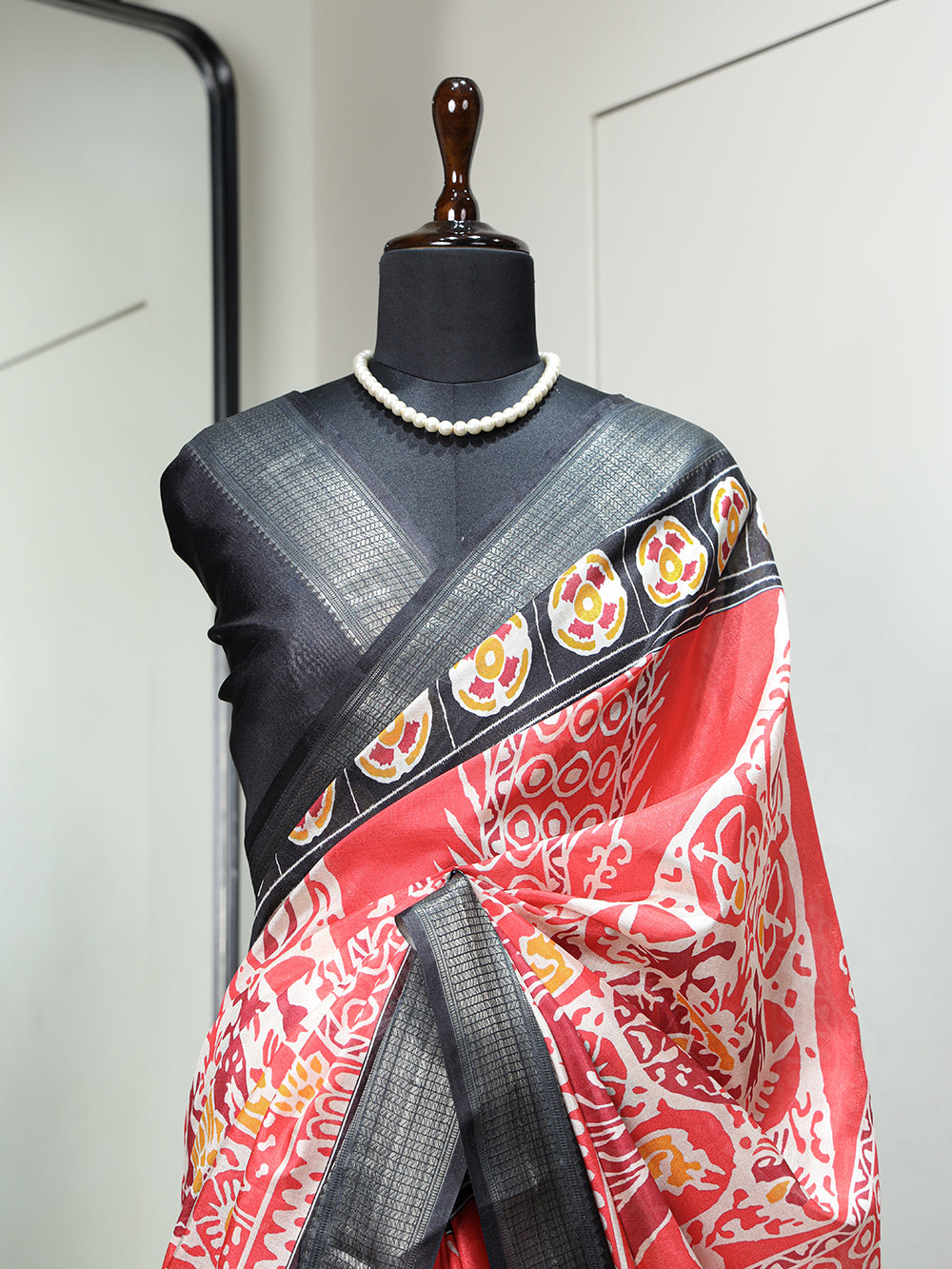 Red Color Printed With Zari Border Dola Silk Saree