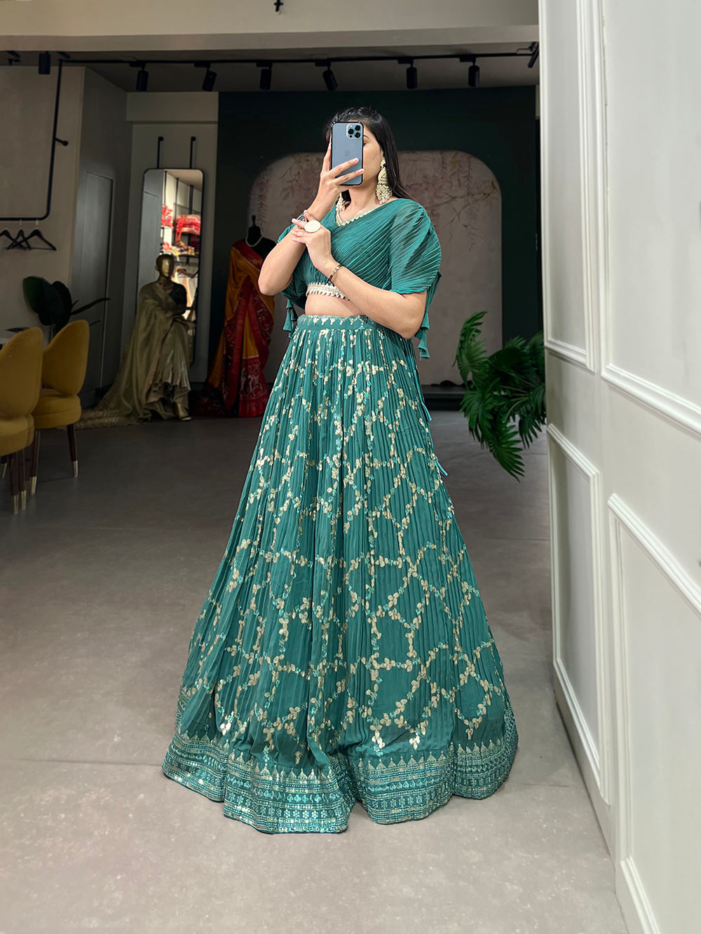 See Green Color Sequins And Thread Embroidery Work Crushed Georgette Co-Ord Set Lehenga Choli