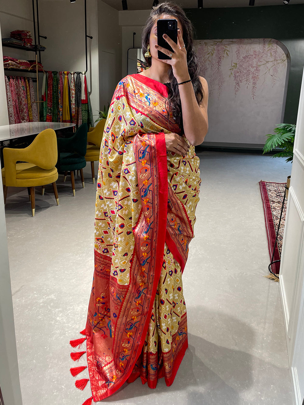 Off White Color  Patola Paithani Printed with Foil Work Dola Silk Saree