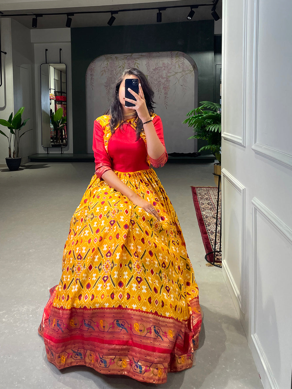 Yellow Color Patola Printed And Foil Printed Dola Silk Dress