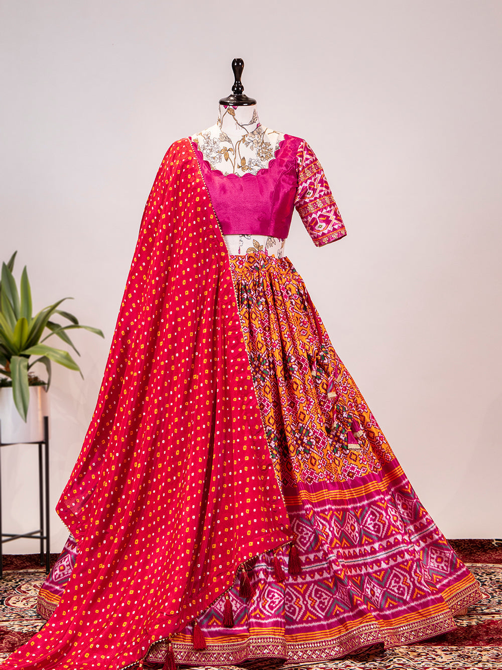 Pink Color Leheriya Patola Print Chinon Lehenga Choli