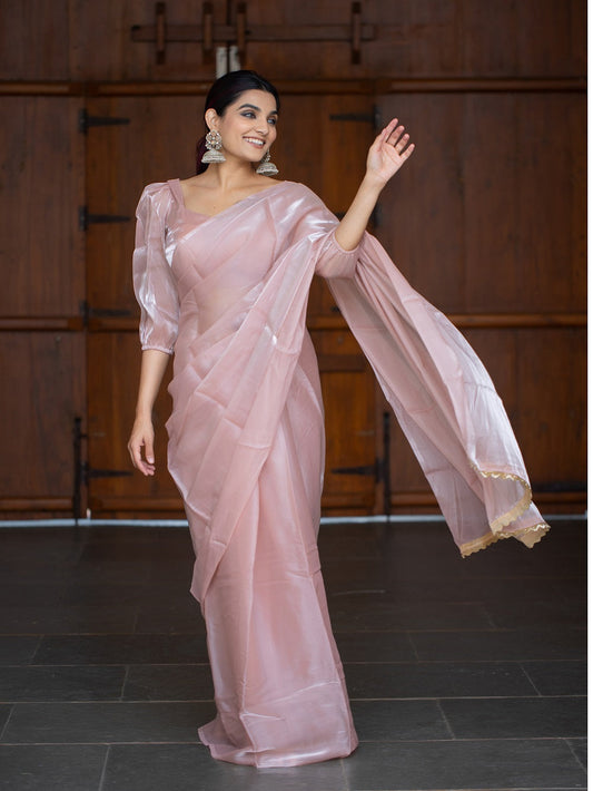 Peach Color Pallu Lace Border Jimi Silk Saree