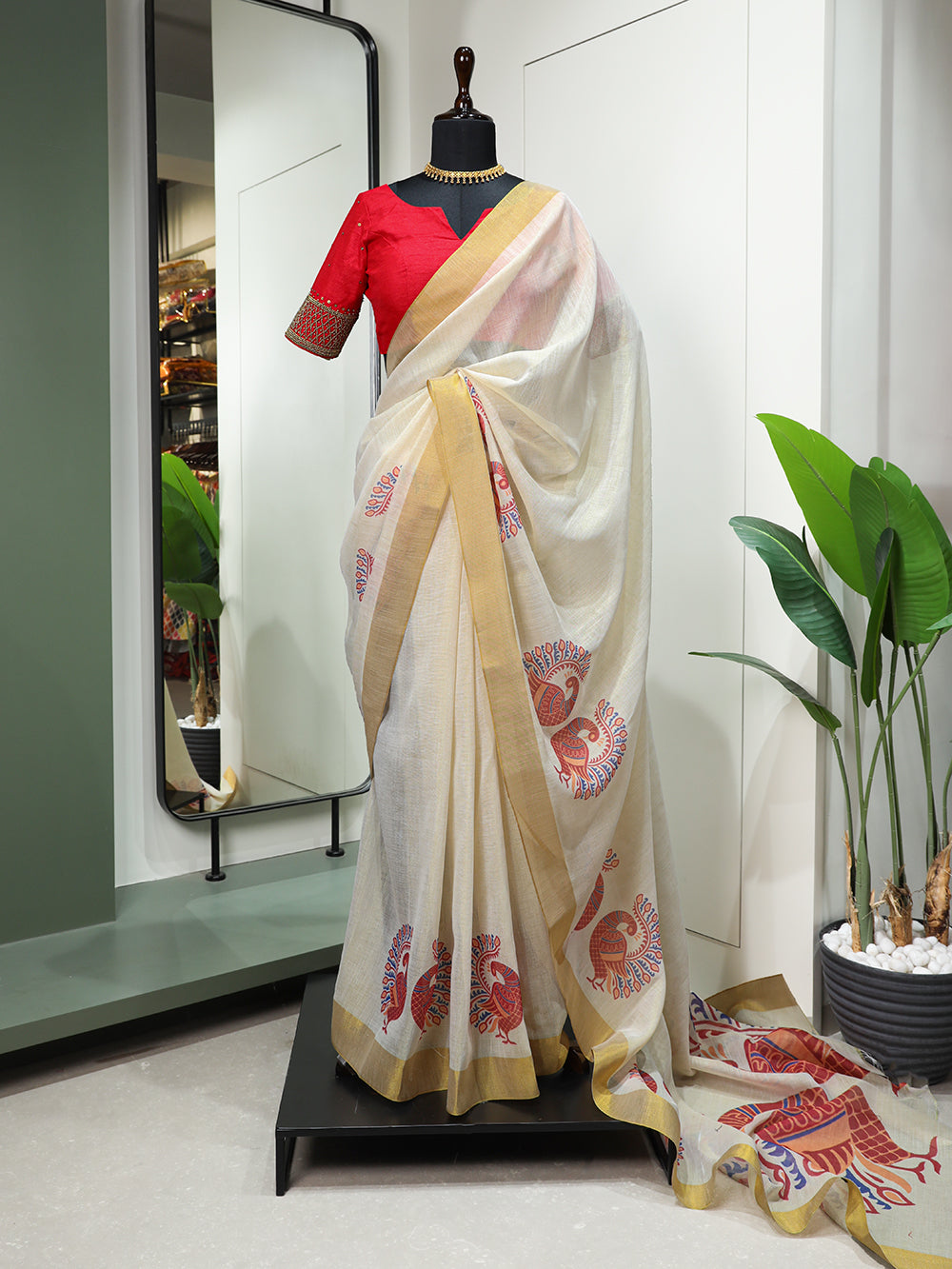 Peacock Design Printed Kasavu Zari Border Saree