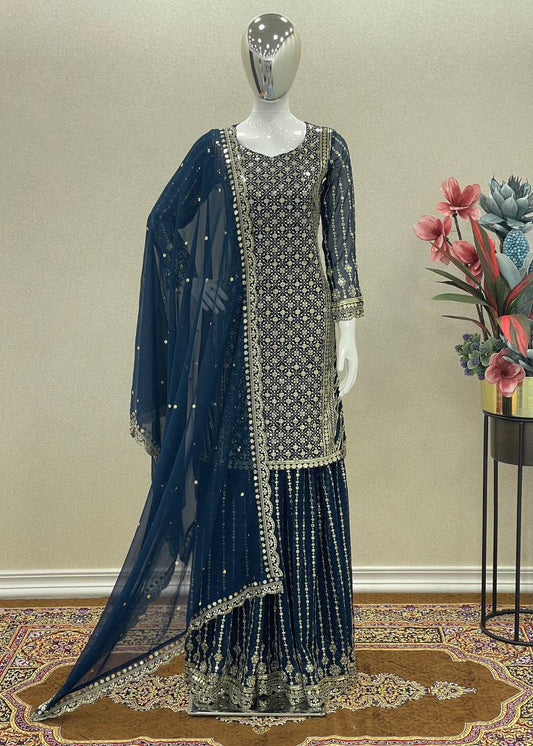 आकर्षक टील ब्लू कलर सीक्वेंस वर्क शरारा सूट