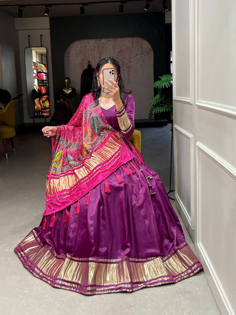 Purple Color Dyeing With Lagdi Patta Gaji Silk Lehenga Choli