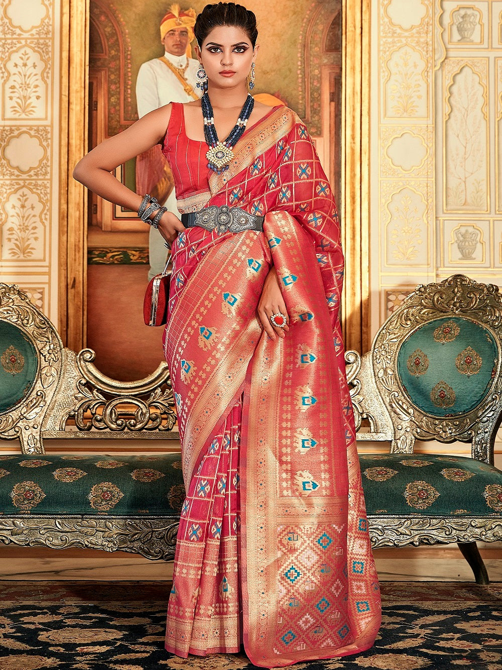 Pink Color Weaving Work Organza Saree