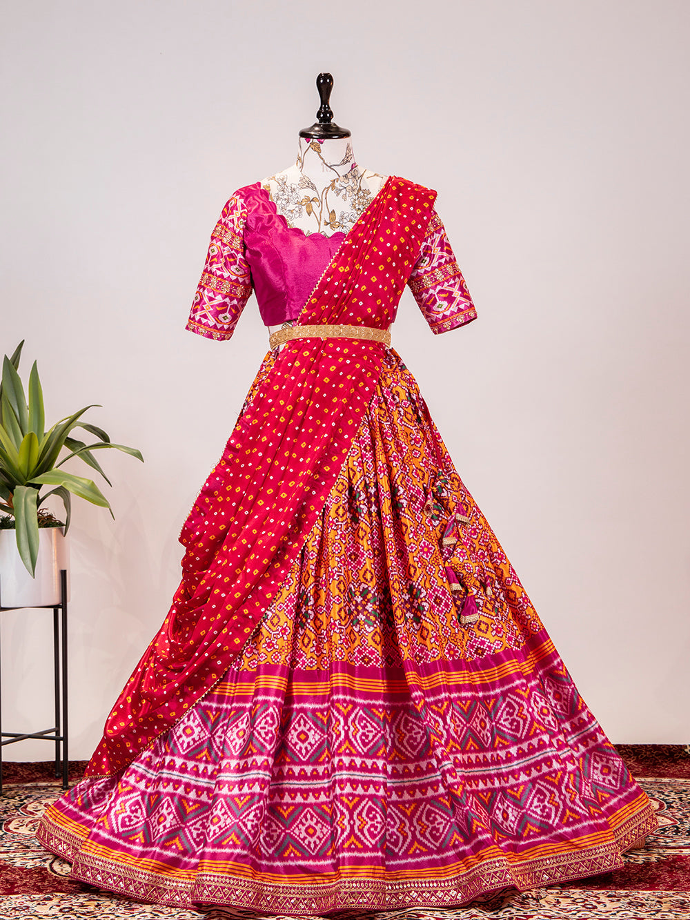 Pink Color Leheriya Patola Print Chinon Lehenga Choli