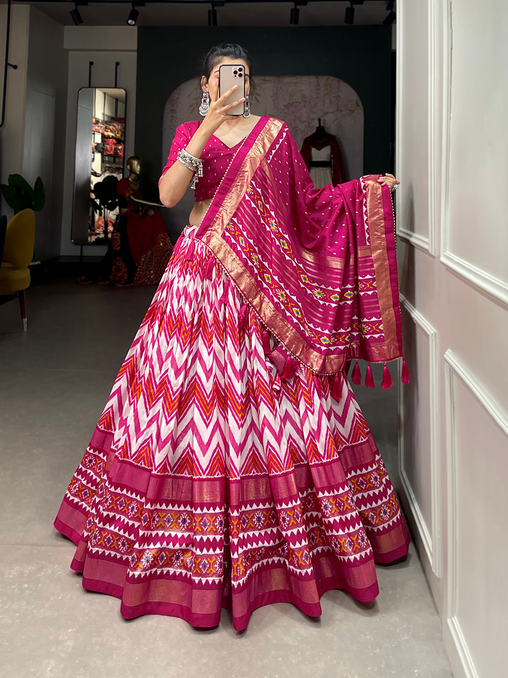 Pink Color Leheriya With Foil Work Tussar Silk Lehenga Choli