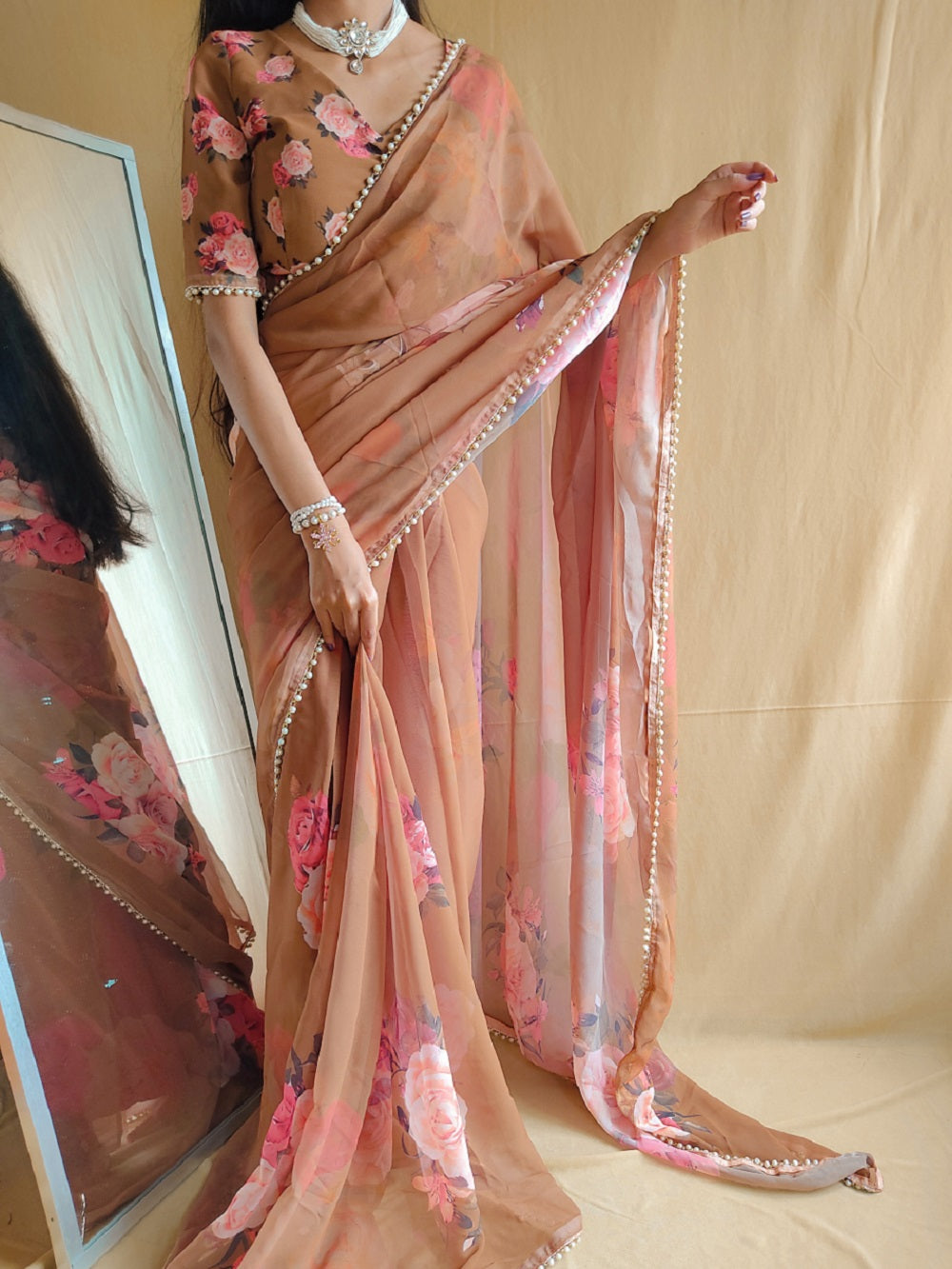 Brown Color Printed With Peral Lace Border Georgette Saree