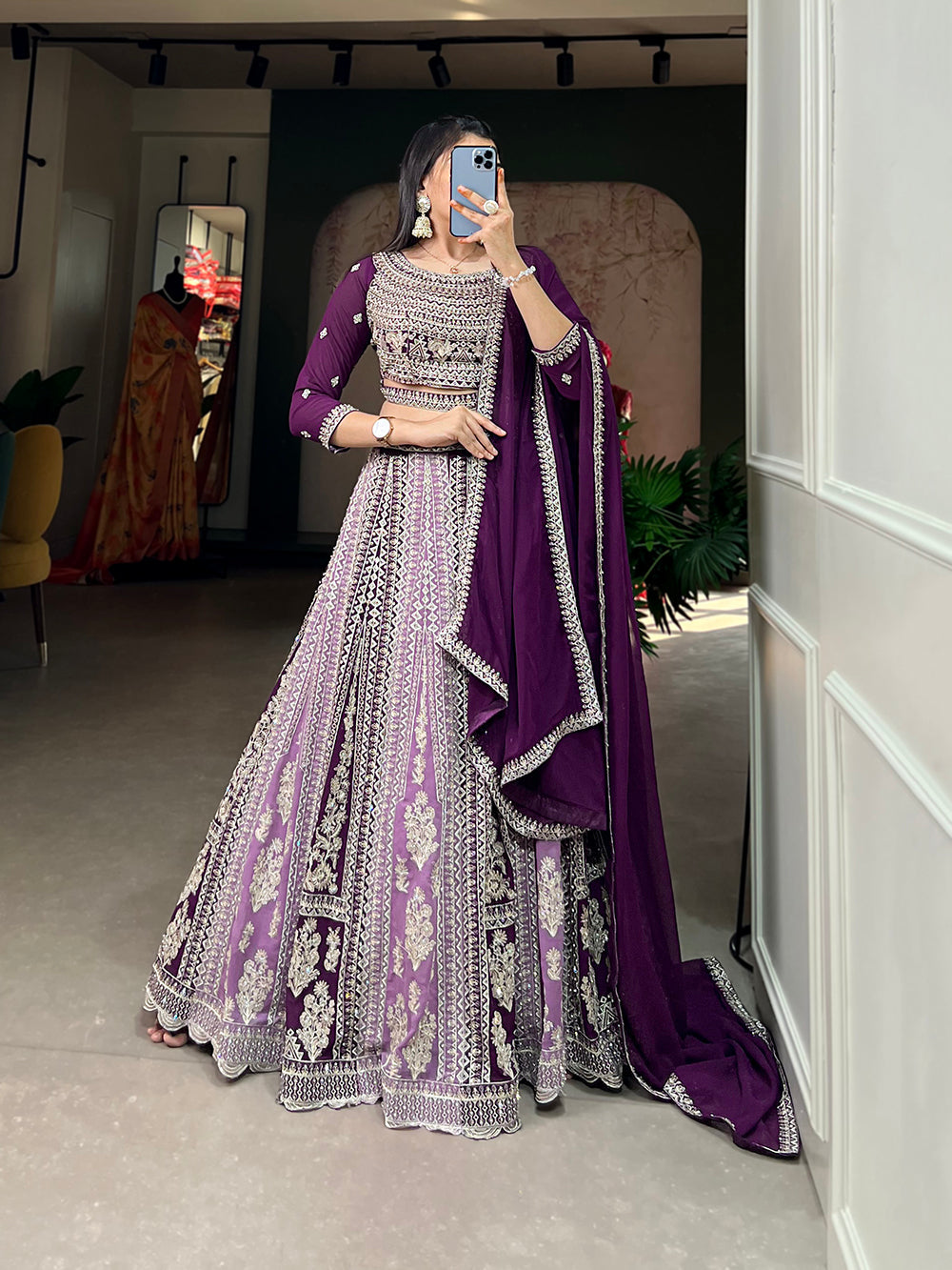 Purple Color Thread Embroidery And Jharkhand Dimound Work Georgette Lehenga Choli