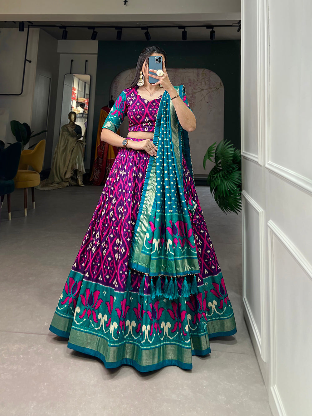 Purple Color Printed With Foil Print Tussar Silk Hyderabadi Lehenga Choli