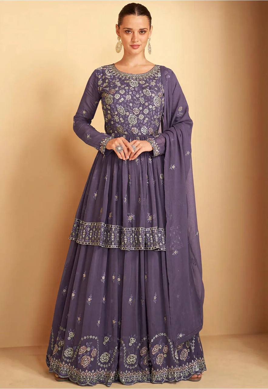 Purple Embroidered Georgette Anarkali Lehenga Suit