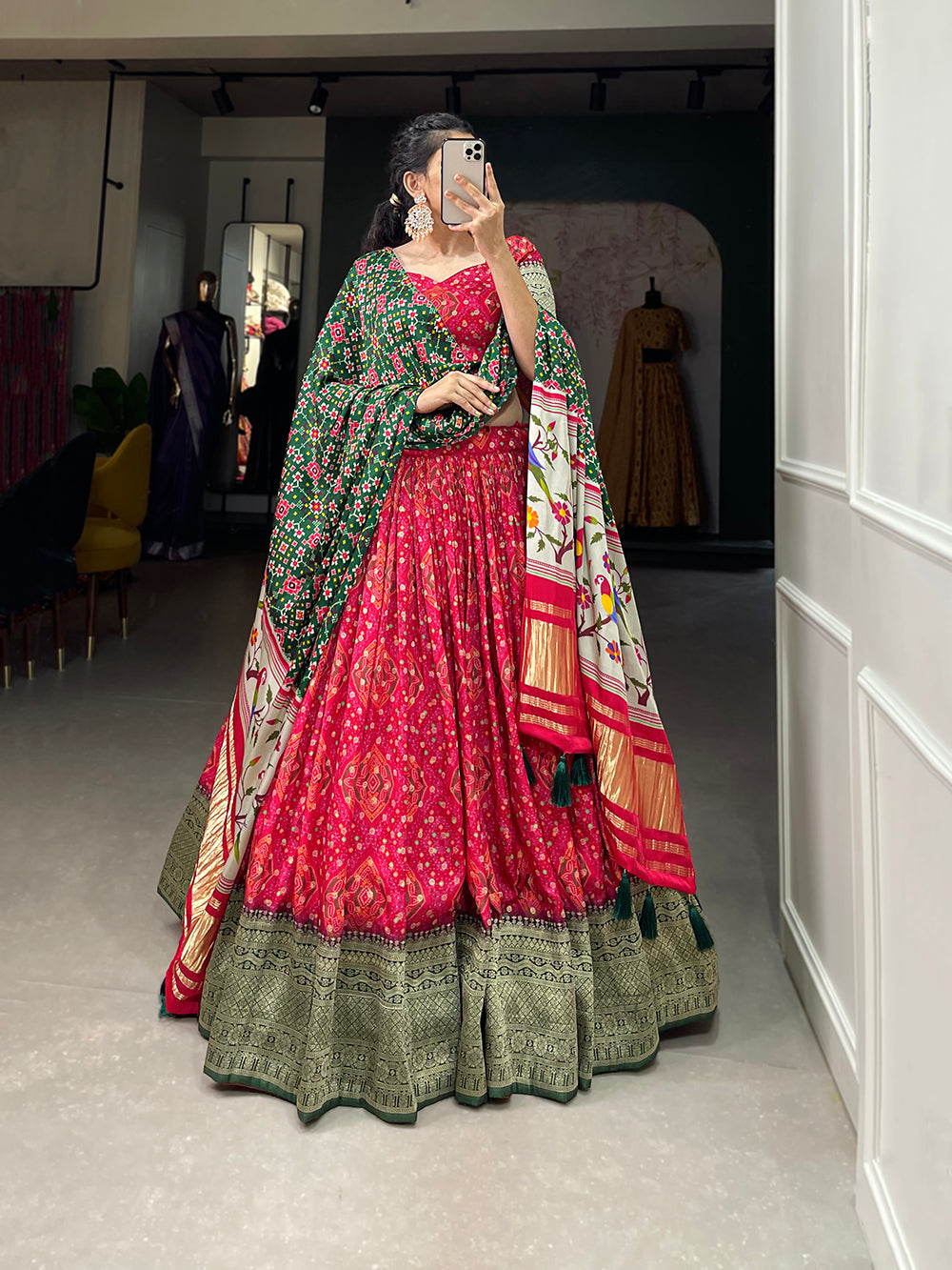 Red Color Printed With Zari Weaving Work Viscose Dola Silk Lehenga Choli