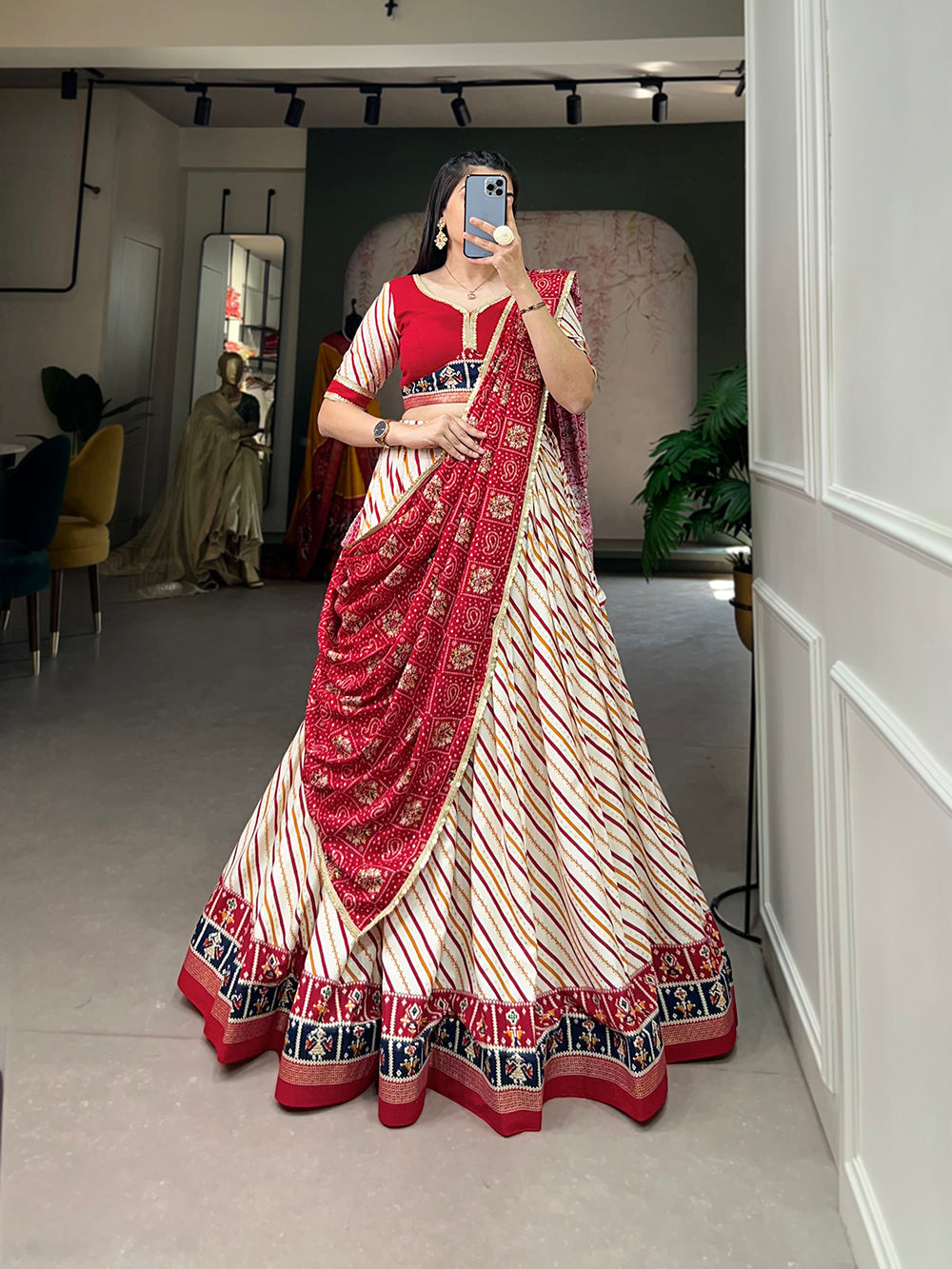 Red Color Laheriya With Patola Print Cotton Lehenga Choli