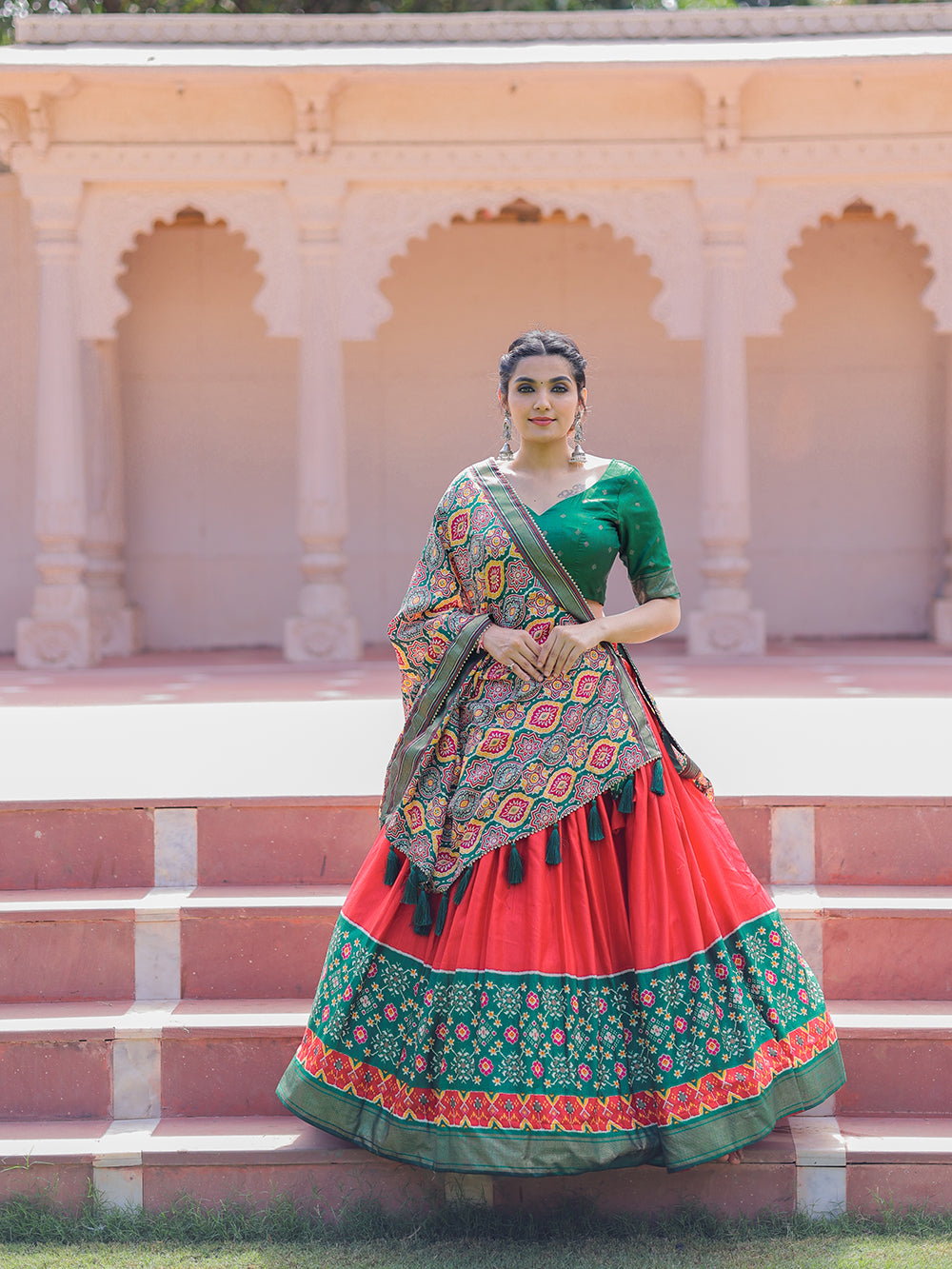 Red Color Printed With Foil Work Dola Silk Lehenga Choli