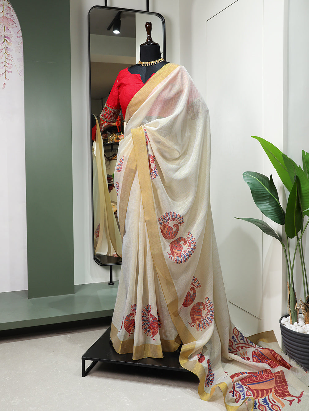 Peacock Design Printed Kasavu Zari Border Saree