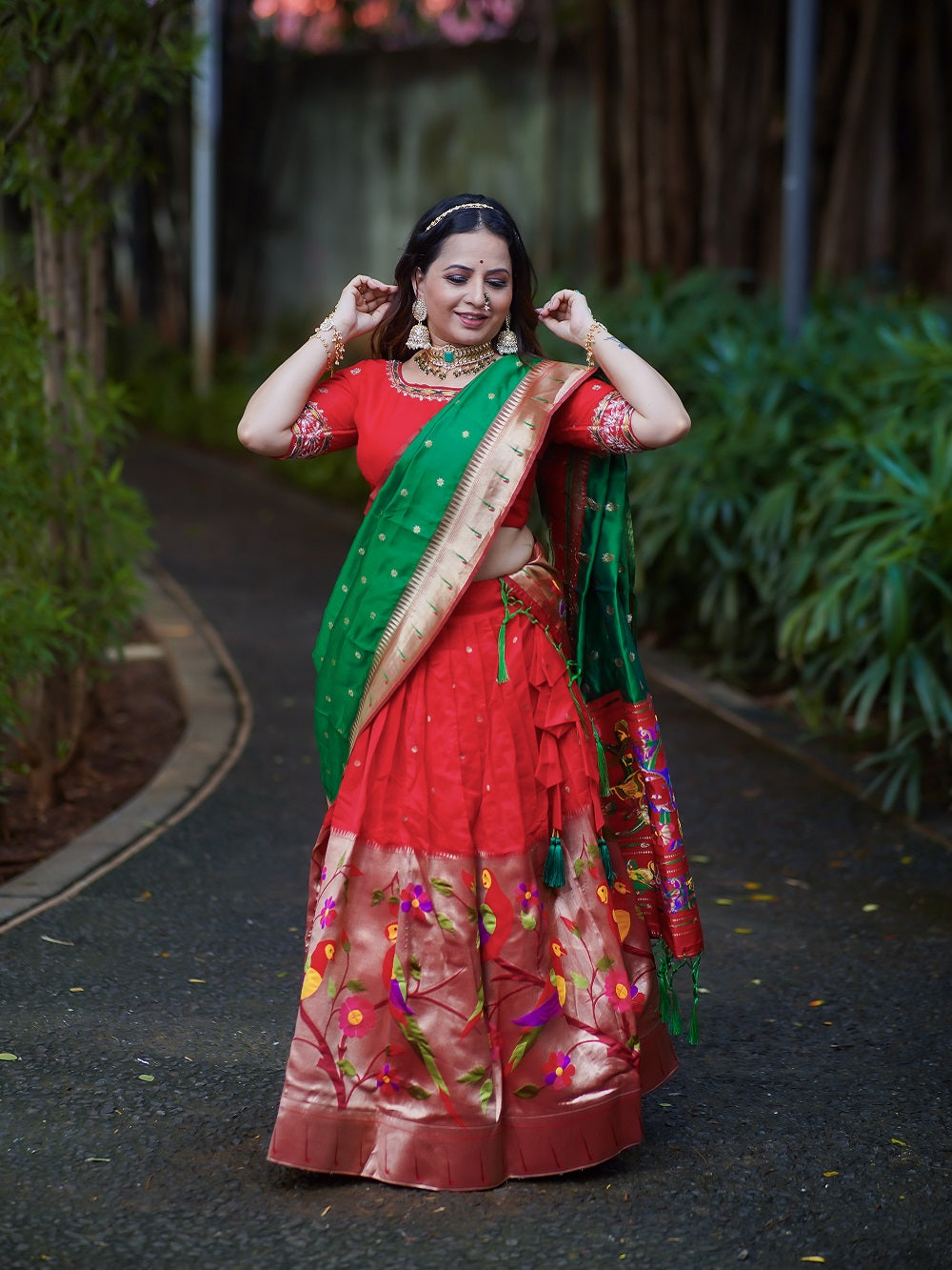 Red Color Weaving Zari Work Jacquard Pethani Lehenga Set