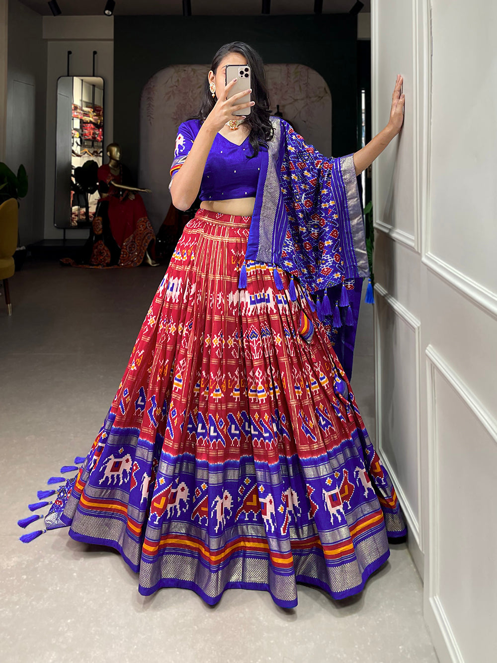 Red Color Patola Printed With Foil Work Tussar Silk Lehenga Choli