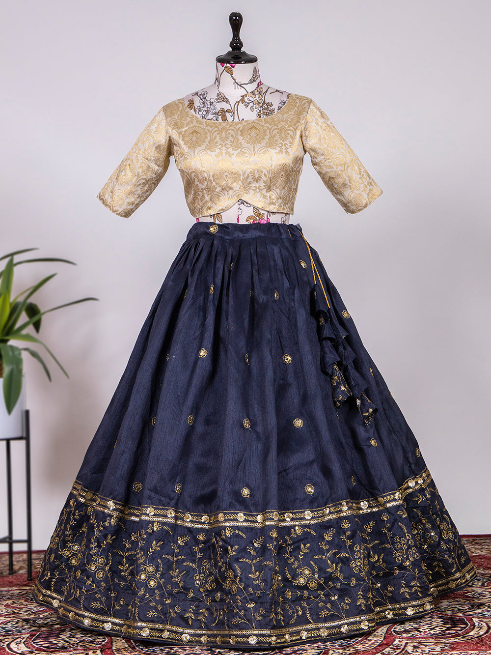 Navy Blue Color Sequins and Thread Embroidery Work Heavy Banglory Lehenga Choli With Dupatta