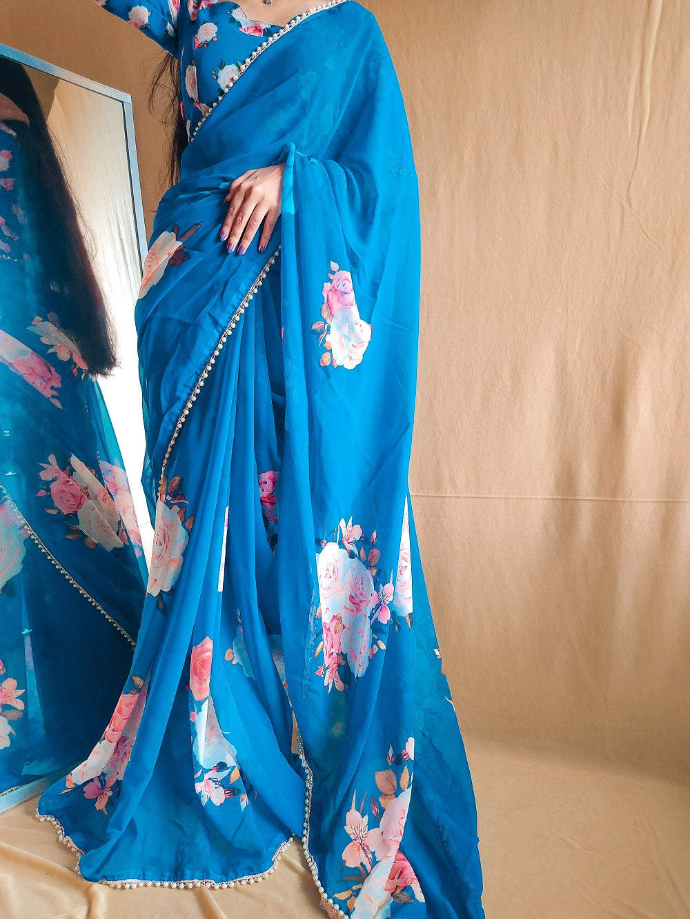 Firozi Color Printed With Peral Lace Border Georgette Stylist Saree