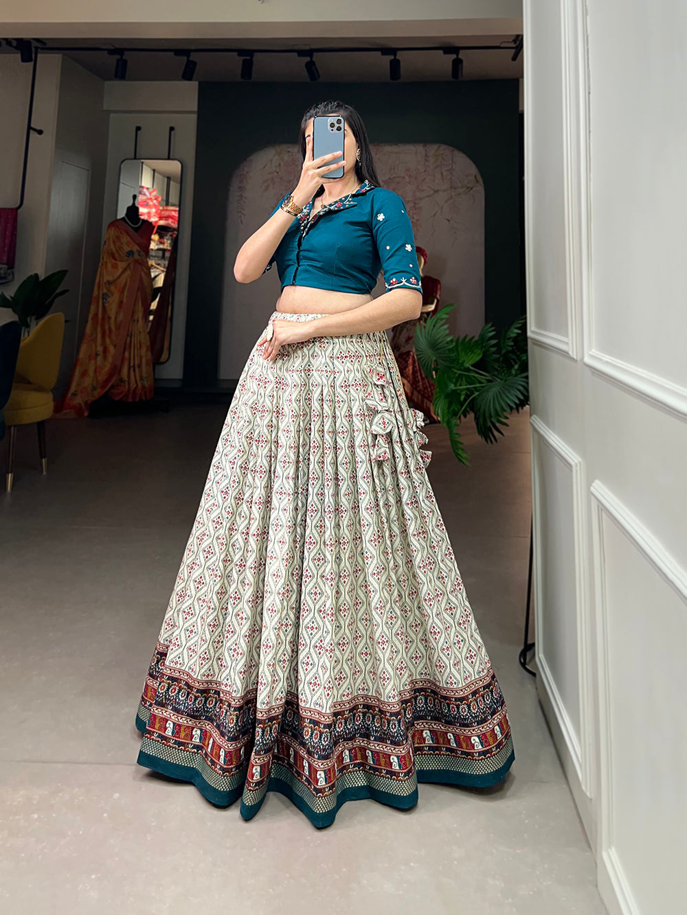 Teal Color Patola With Foil Print Rayon Cotton Co-ord Set Lehenga Choli