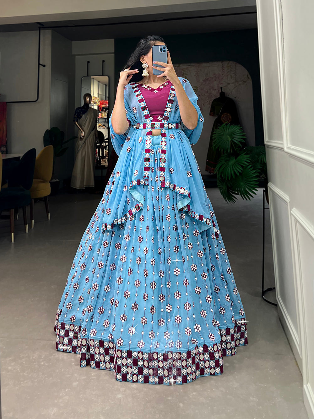 Sky Blue Color Sequins And Embroidery With Original Mirror Work Georgette Lehenga Choli