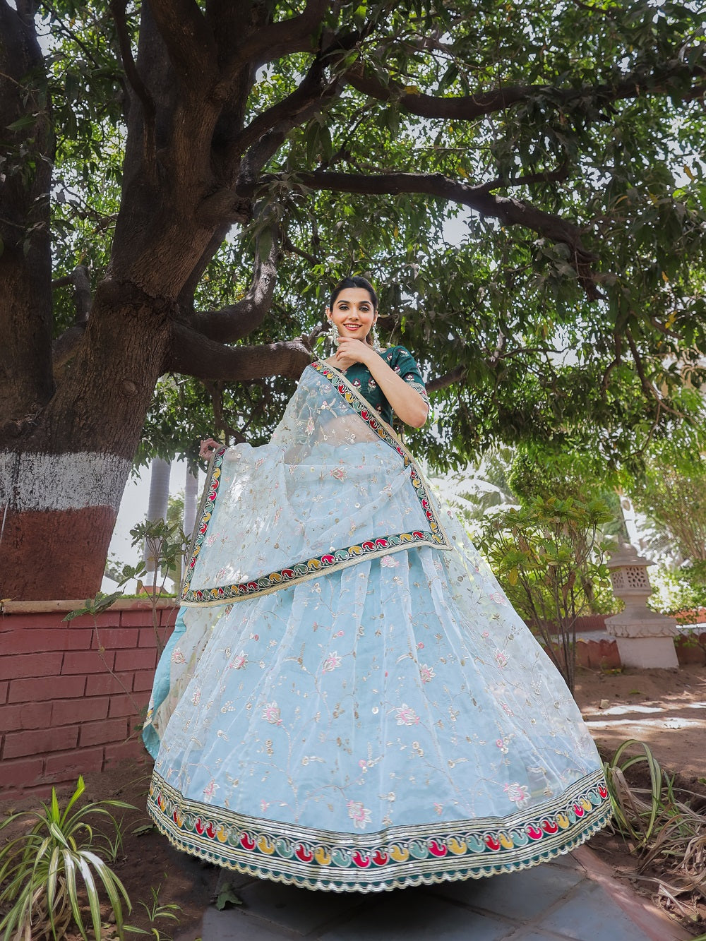 Sky Blue Color Thread Embroidery Work With Lace Border Organza Lehenga Choli