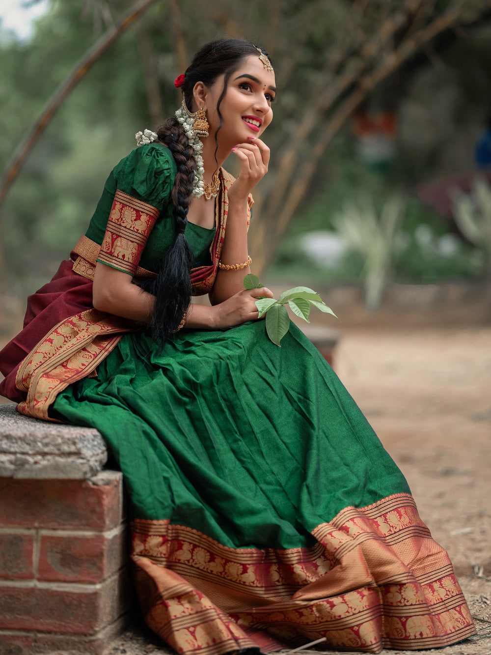 Green Color Zari Weaving Work Narayan Pet Cotton Half Saree Lehenga