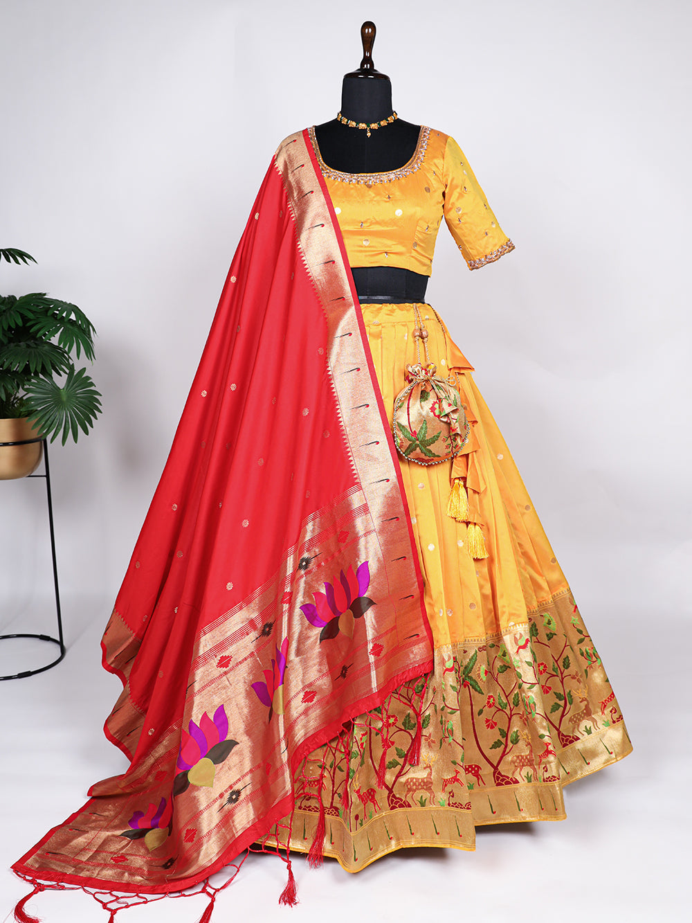 Yellow Color Zari Weaving Work Jacquard Silk Lehnga Choli