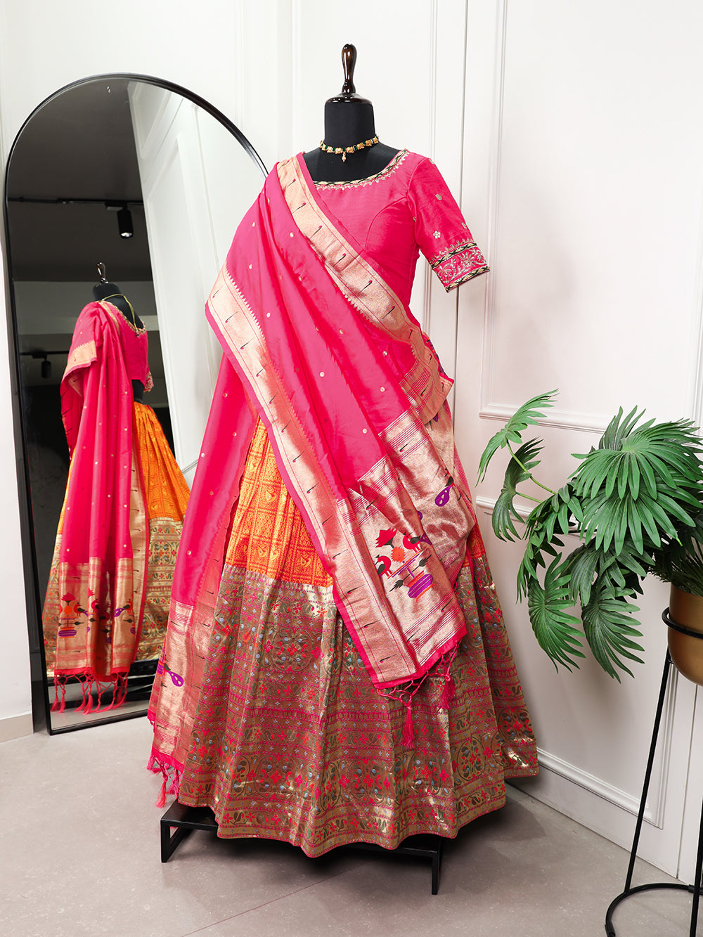 Orange Color Zari Weaving Work Jacquard (Paithani) Lehenga Choli