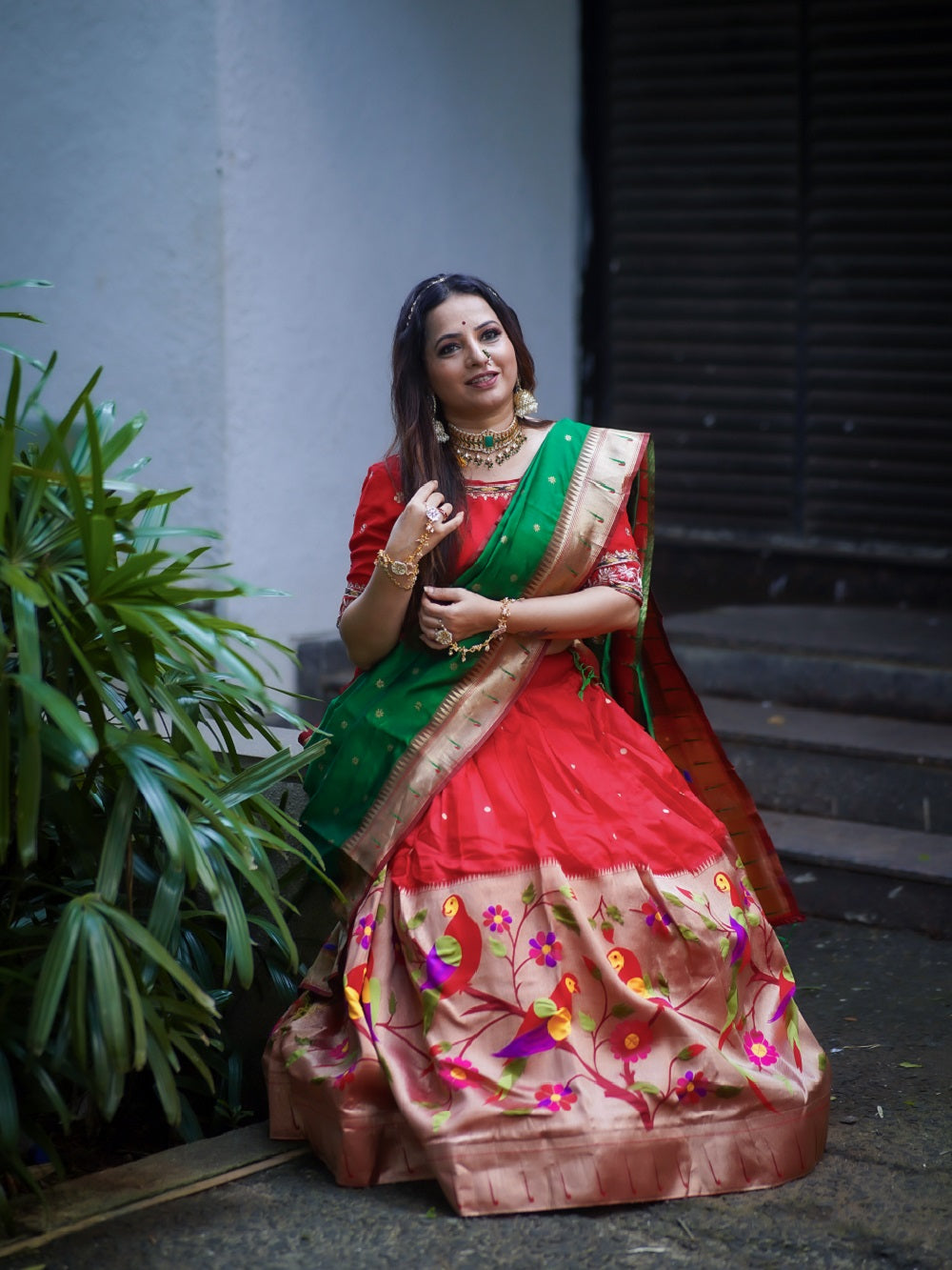 Red Color Weaving Zari Work Jacquard Pethani Lehenga Set