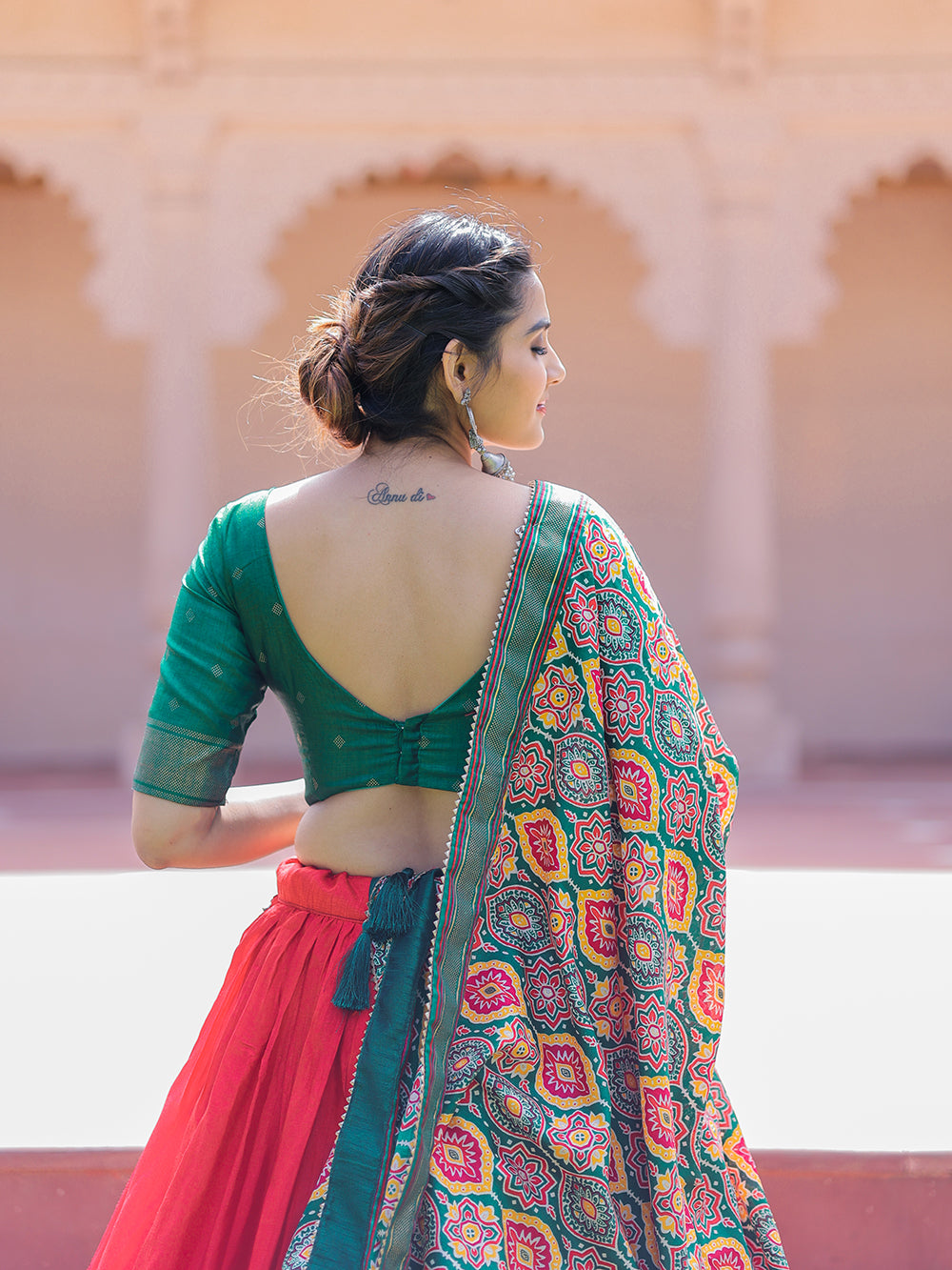 Red Color Printed With Foil Work Dola Silk Lehenga Choli