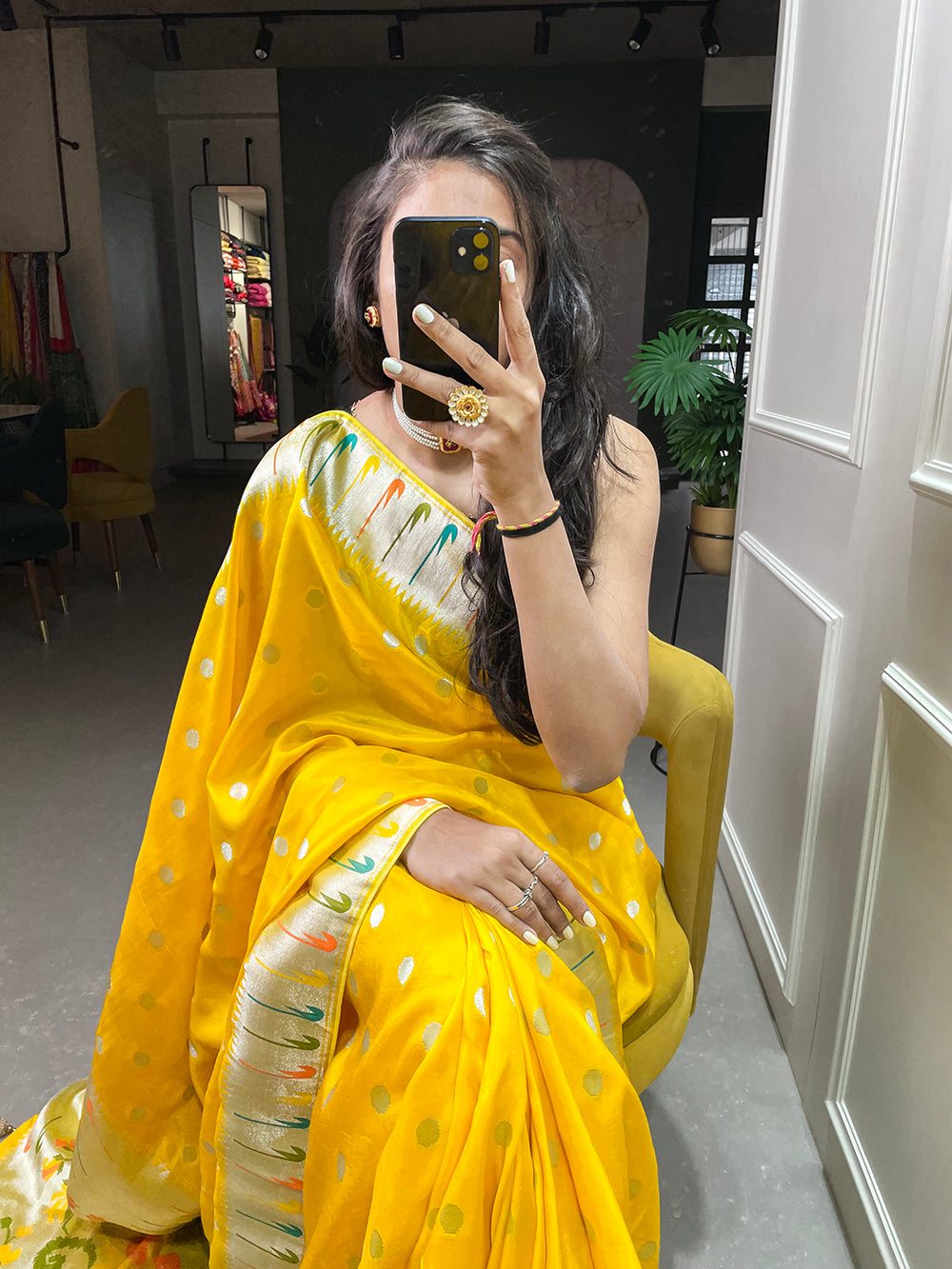 Yellow Color Zari Weaving Work Pure Viscose Saree