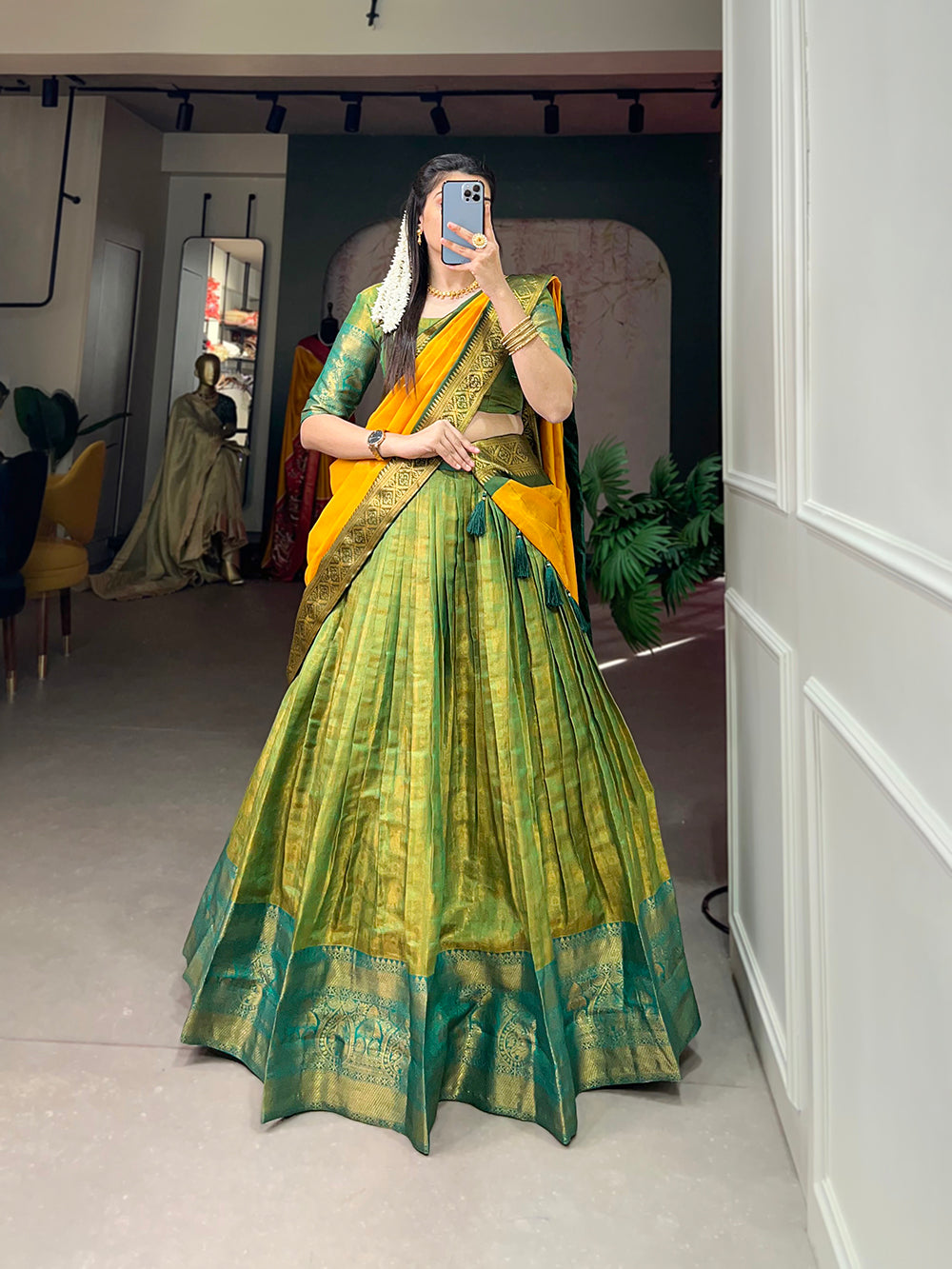 Parrot Color Zari Weaving Work Kanjivaram Lehenga Choli