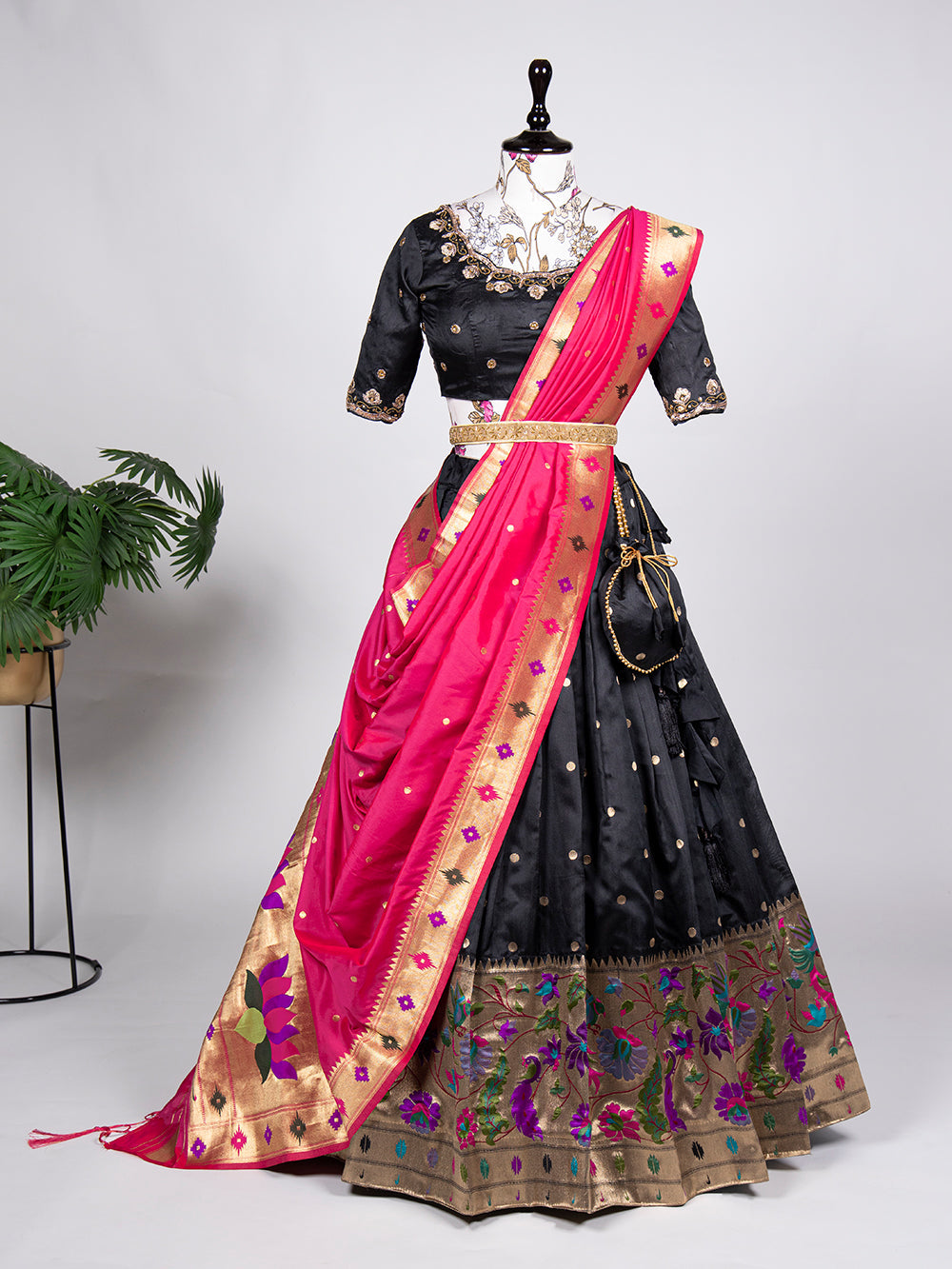 Black Color Weaving Zari Work jacquard Paithani Silk Lehenga Choli