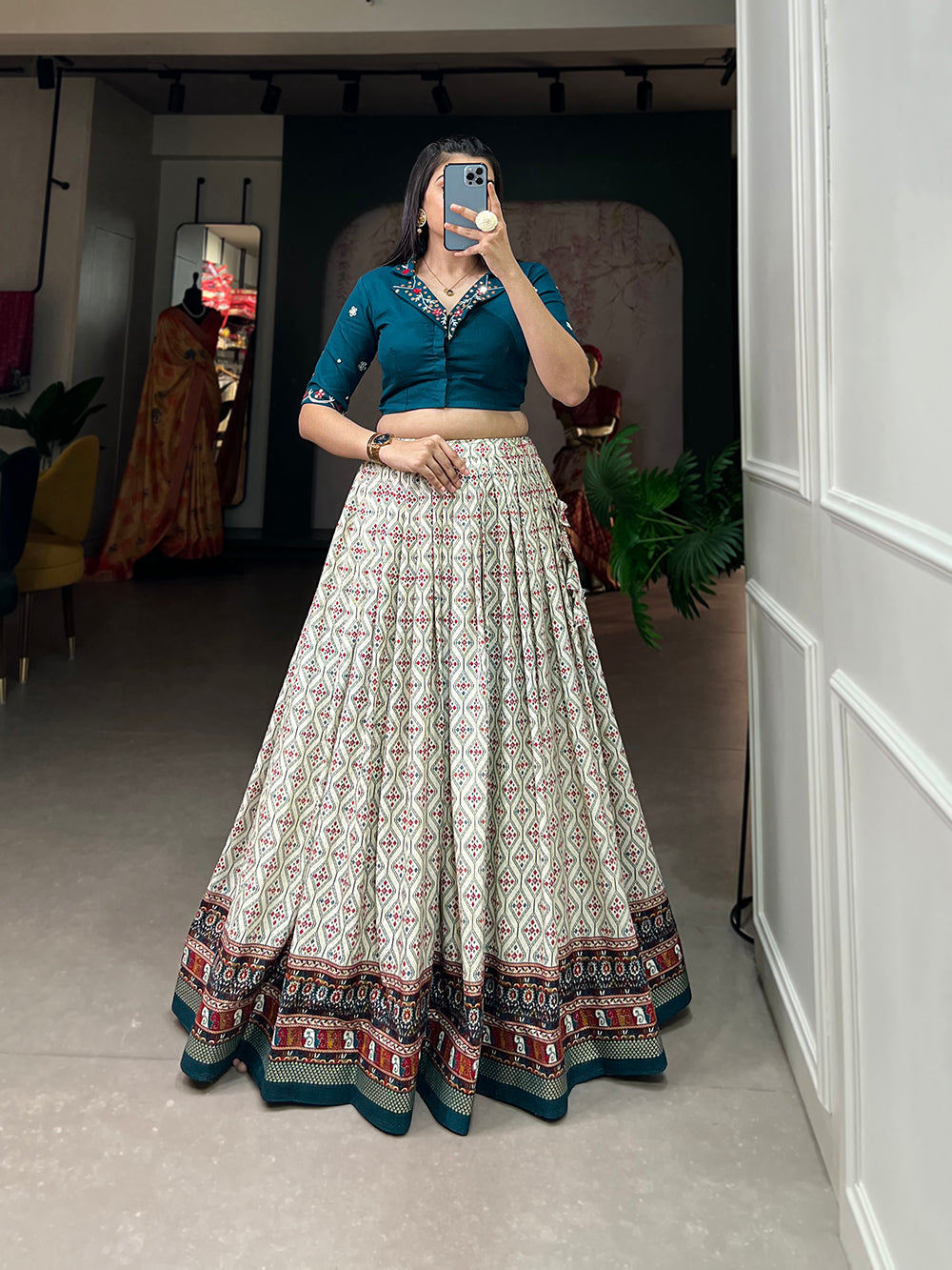 Teal Color Patola With Foil Print Rayon Cotton Co-ord Set Lehenga Choli