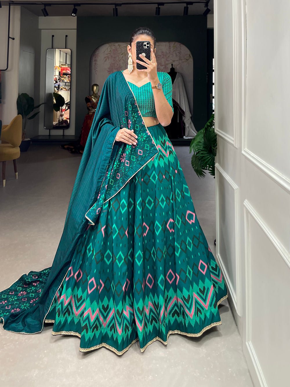 Teal Color Printed With Lace Border Vaishali Silk Indian Wedding Lehenga Choli