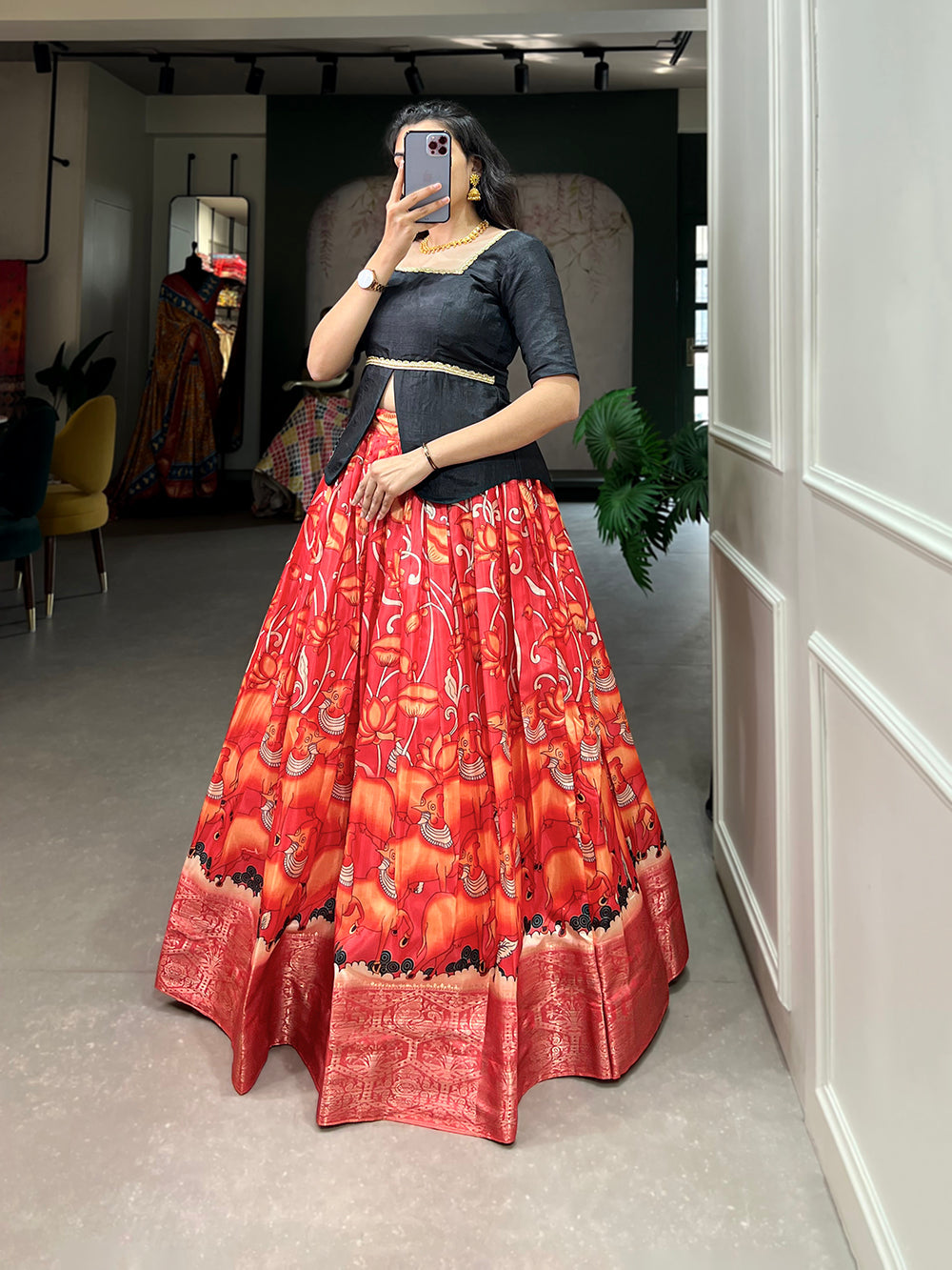 Red Color Digital Print And Zari Weaving Work Dola Silk Lehenga Choli