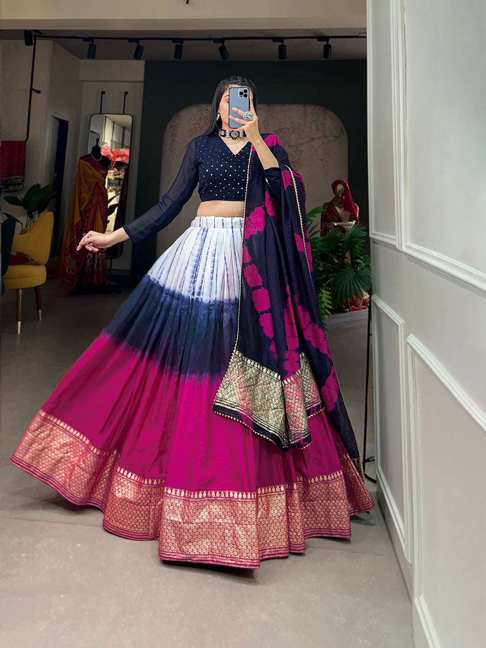 Navy Blue Color Shibori Print With Zari Weaving Work Chanderi Lehenga Choli