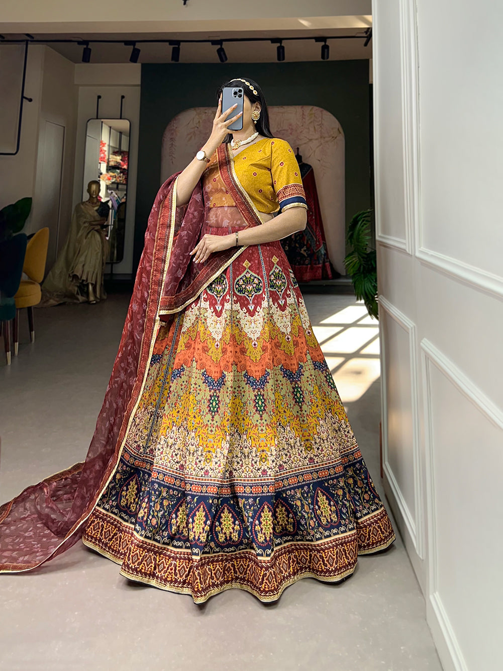 Brown Color Printed With Sequins Lace Border Vaishali Silk Rajasthani Lehenga Choli