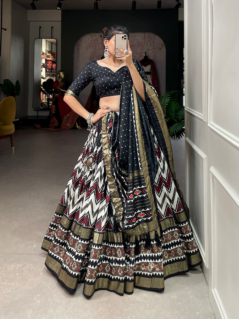 Black Color Leheriya With Foil Work Tussar Silk Lehenga Choli