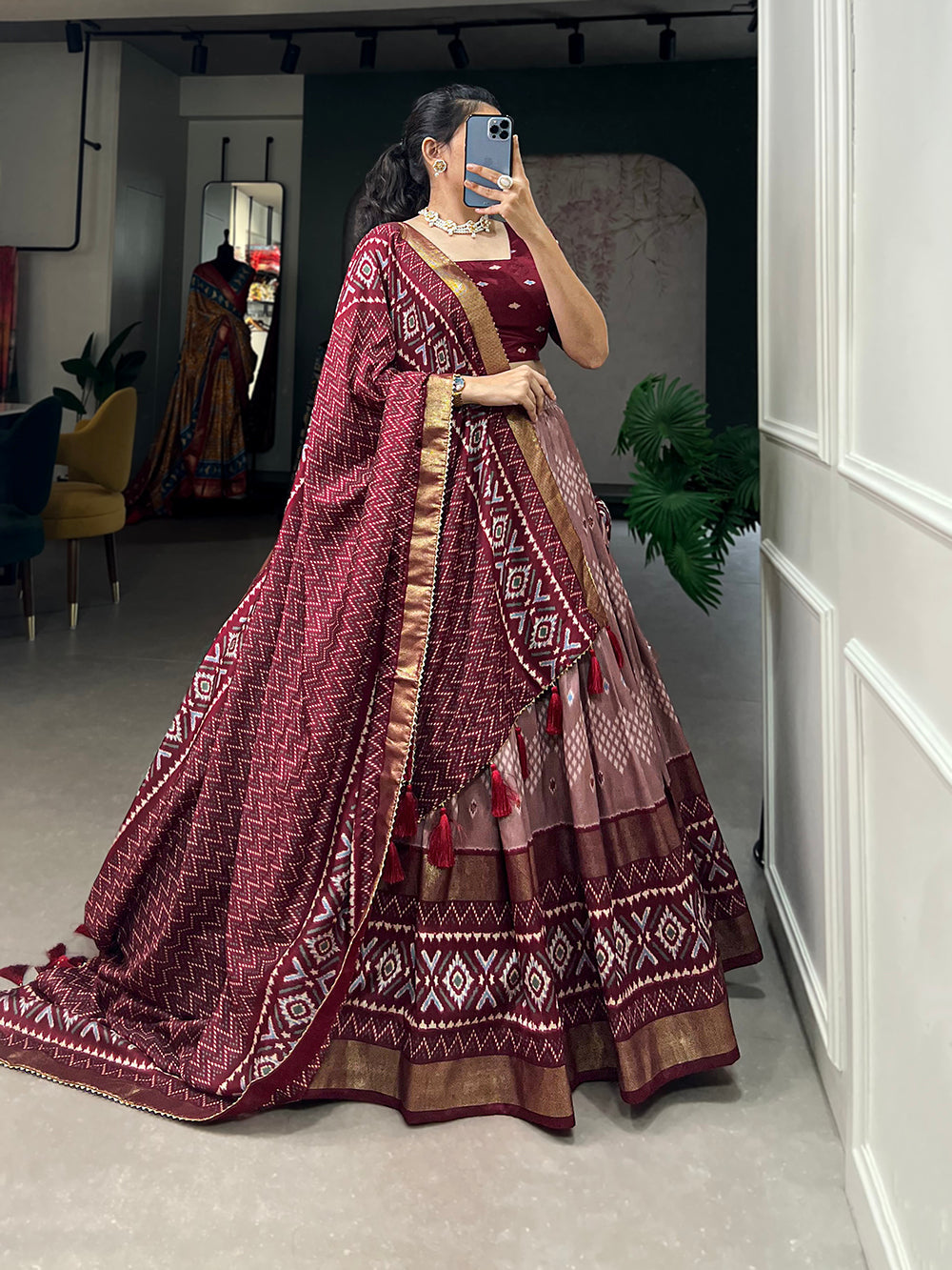 Maroon Color Dot And Ikkat Print With Foil Work Tussar Silk Lehenga Choli