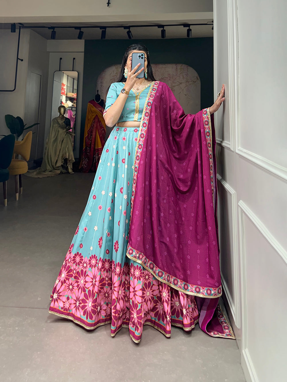 Sky Blue Color Printed With Sequins Lace Border Vaishali silk Lehenga Choli