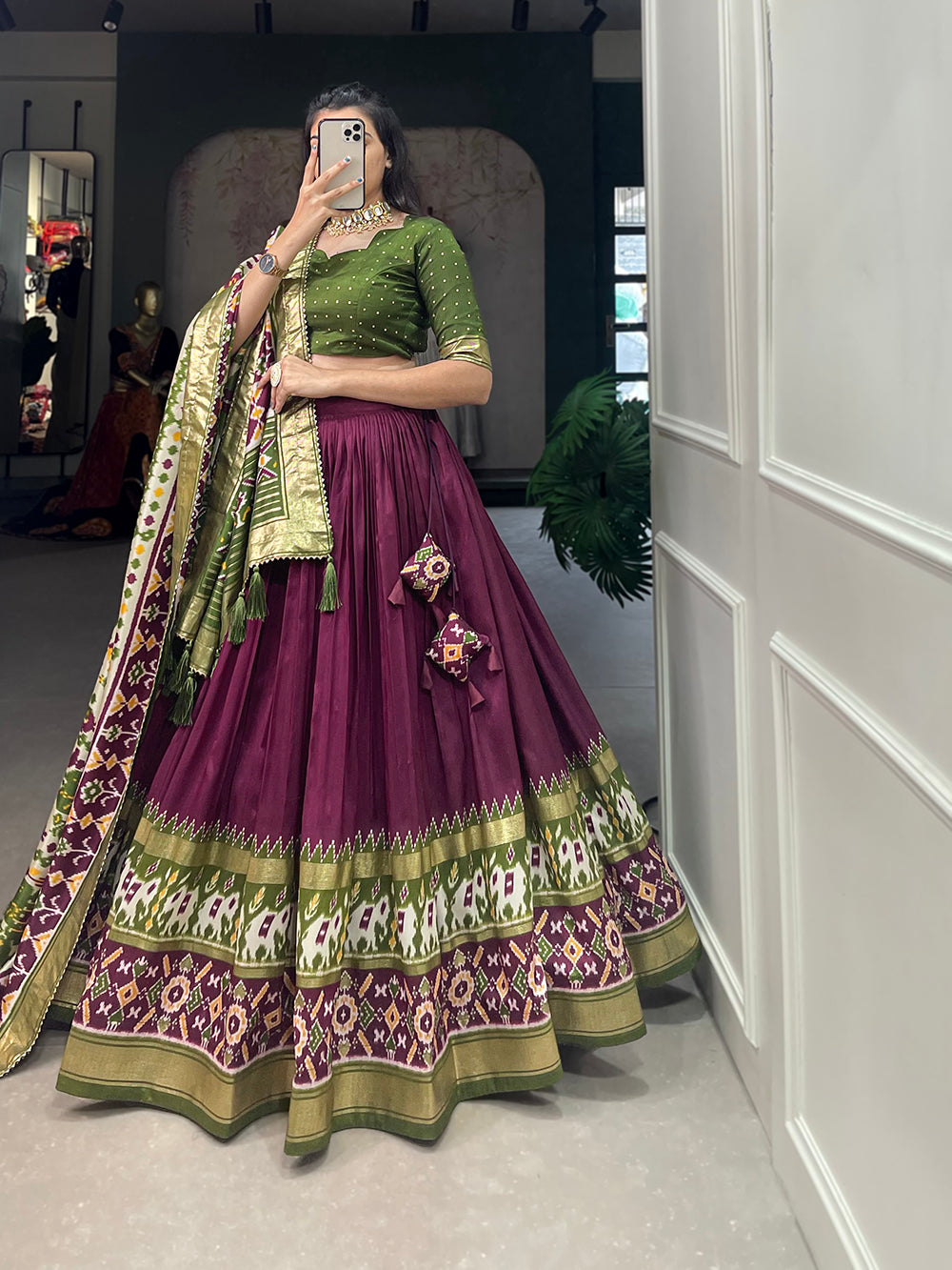 Wine Color Patola Print With Foil Work Tussar Silk Lehenga Choli