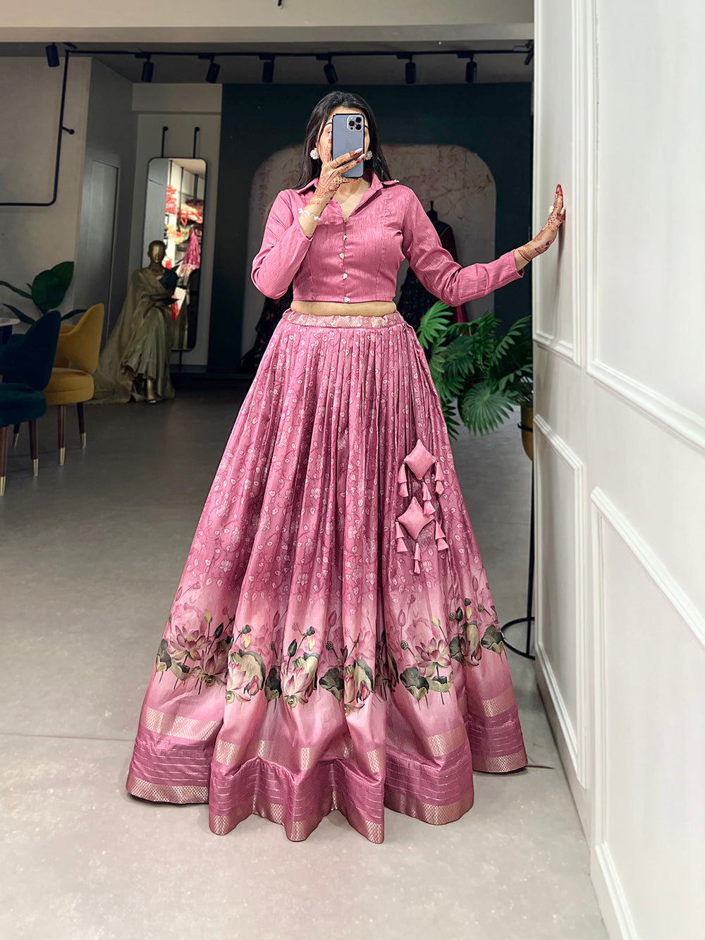 Baby Pink Color Floral Print With Sequins And Zari Border Dola Silk Co-ord Set Lehenga Choli