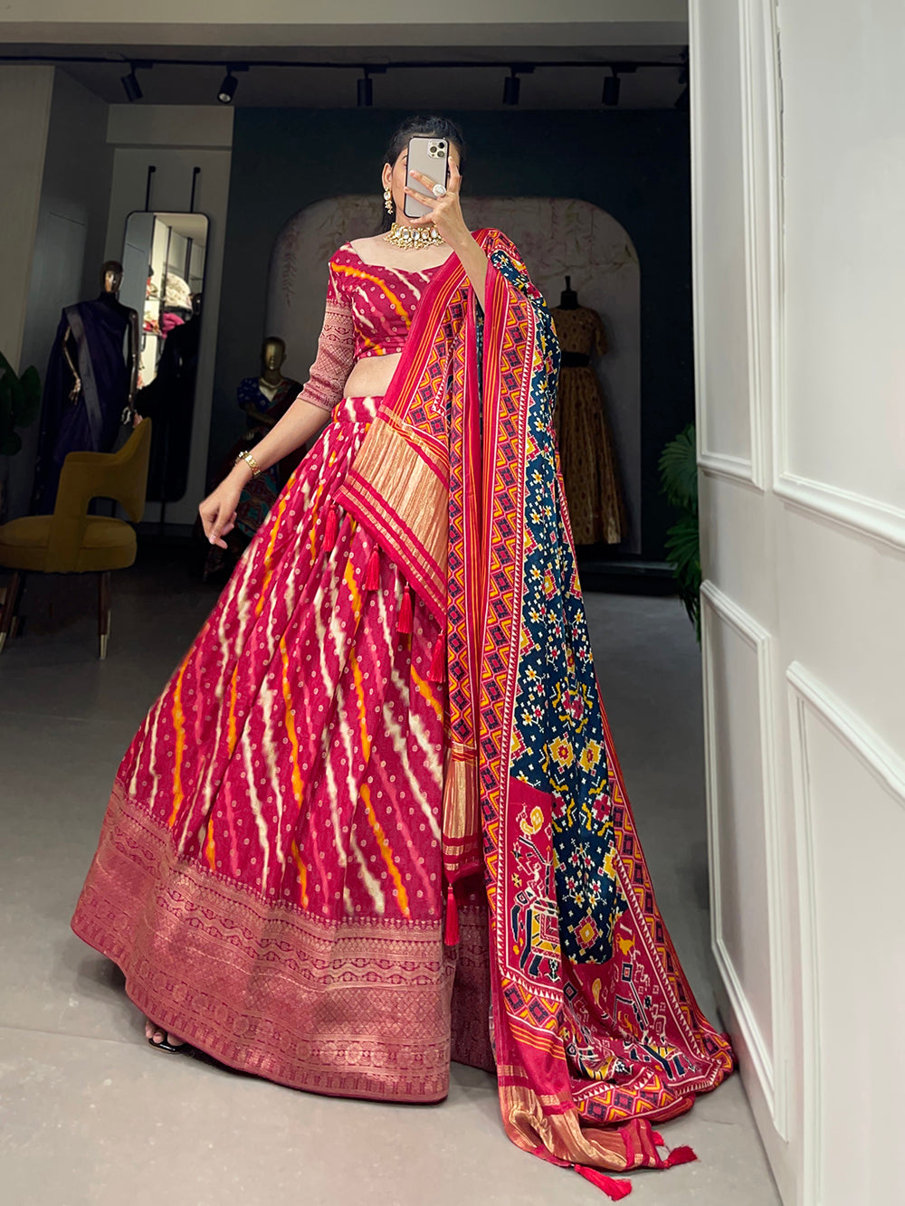 Rani Pink Color Printed With Zari Weaving Work Viscose Dola Silk Lehenga Choli