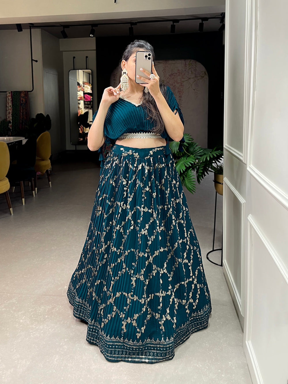 Teal Color Sequins And Thread Embroidery Work Crushed Georgette Co-Ord Set Lehenga Choli