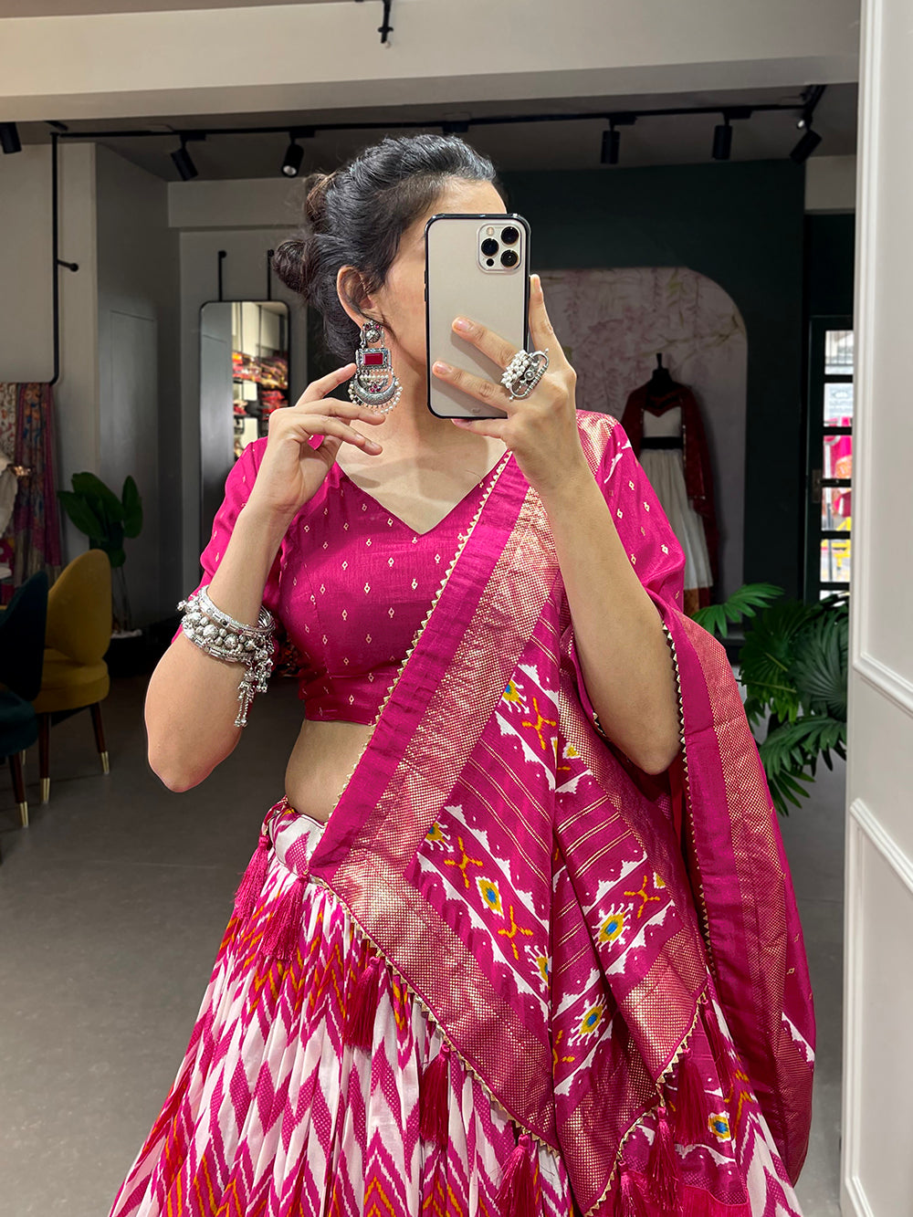 Pink Color Leheriya With Foil Work Tussar Silk Lehenga Choli